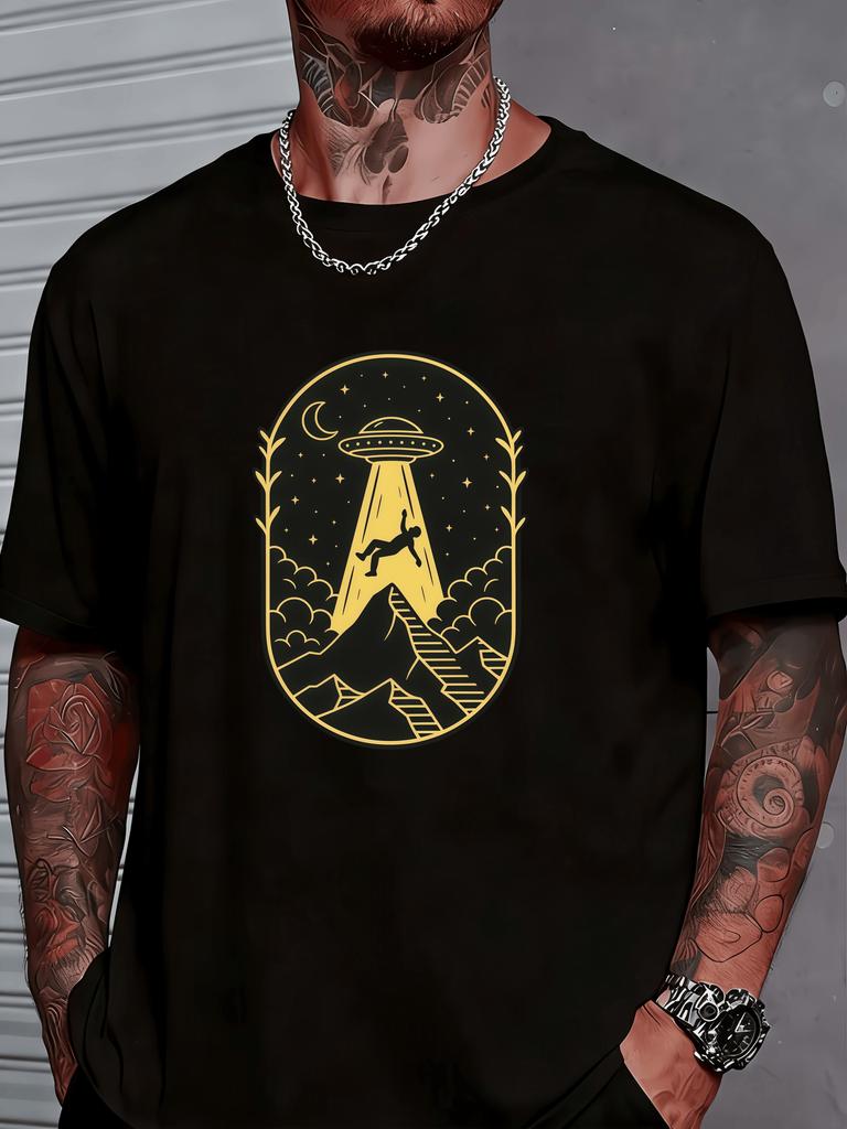Retro Alien Spaceship Lift Person Mountain Moon Star Cloud Print Unisexs Crew Neck Short Sleeve Tee Casual Daily Streetwear For Unisex