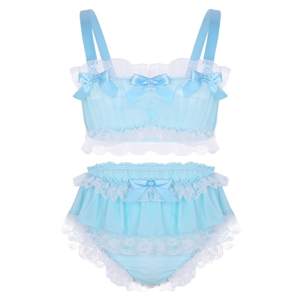 Men's Ruffled Frilly Lace Satin Sissy Lingerie Set Bra Skirted Panties Bloomer Underwear