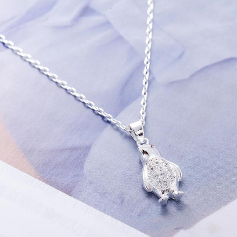 New Arrival Cute Animal 925 Sterling Silver Jewelry Sweet Penguin Crystal Dolphins Temperament Exquisite Pendant Necklaces Xl178