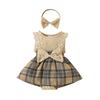Комбинезон для маленьких девочек, платье, кружевная клетчатая юбка с рукавами-крылышками и бантом, подол, боди для младенцев, летняя одежда с повязкой на голову