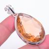 Lab Created Morganite Pendant 2.2" Silver Tone Pear Cut Gemstone Artisan Jewelry