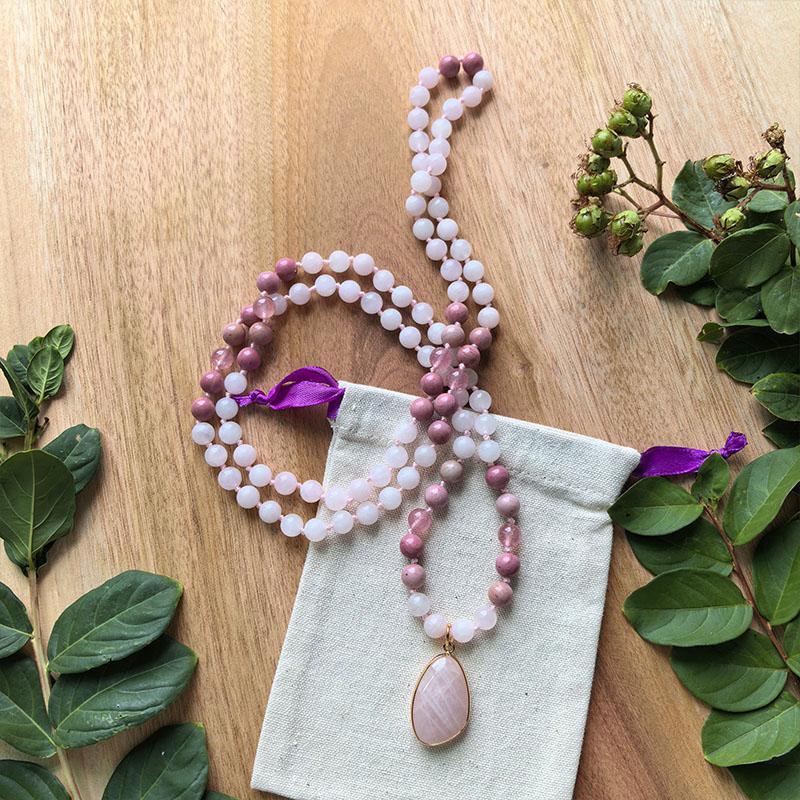 Rhodonite,Strawberry Quartz Mala,Rose Quartz Pendant,108 Knotted Beads Meditation Mala Necklace,Healing Crystals Yoga Jewelry