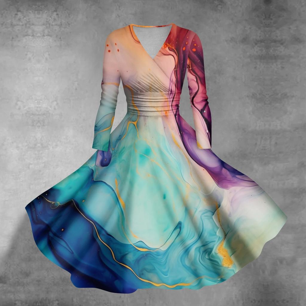 Женское повседневное и модное сексуальное платье с v-образным вырезом и длинными рукавами с градиентным принтом