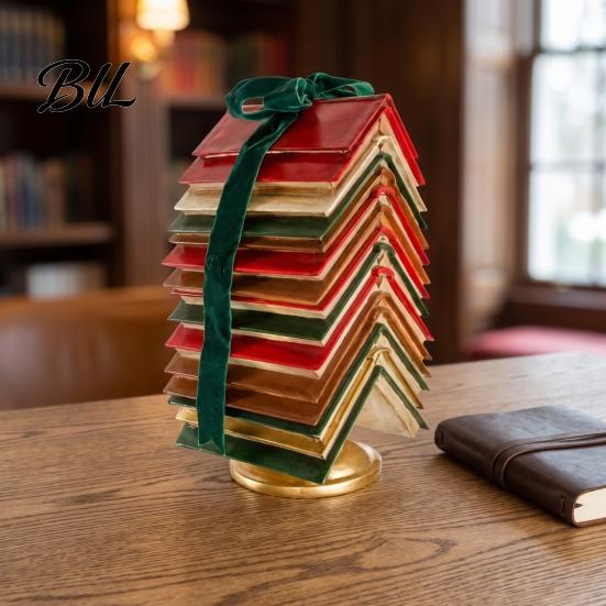Traditional Holiday Table Ornament Stacked Book Christmas Tree Tabletop Decor, Resin Page for Home Durable Office Desk, Rustic Centerpiece with Velvet