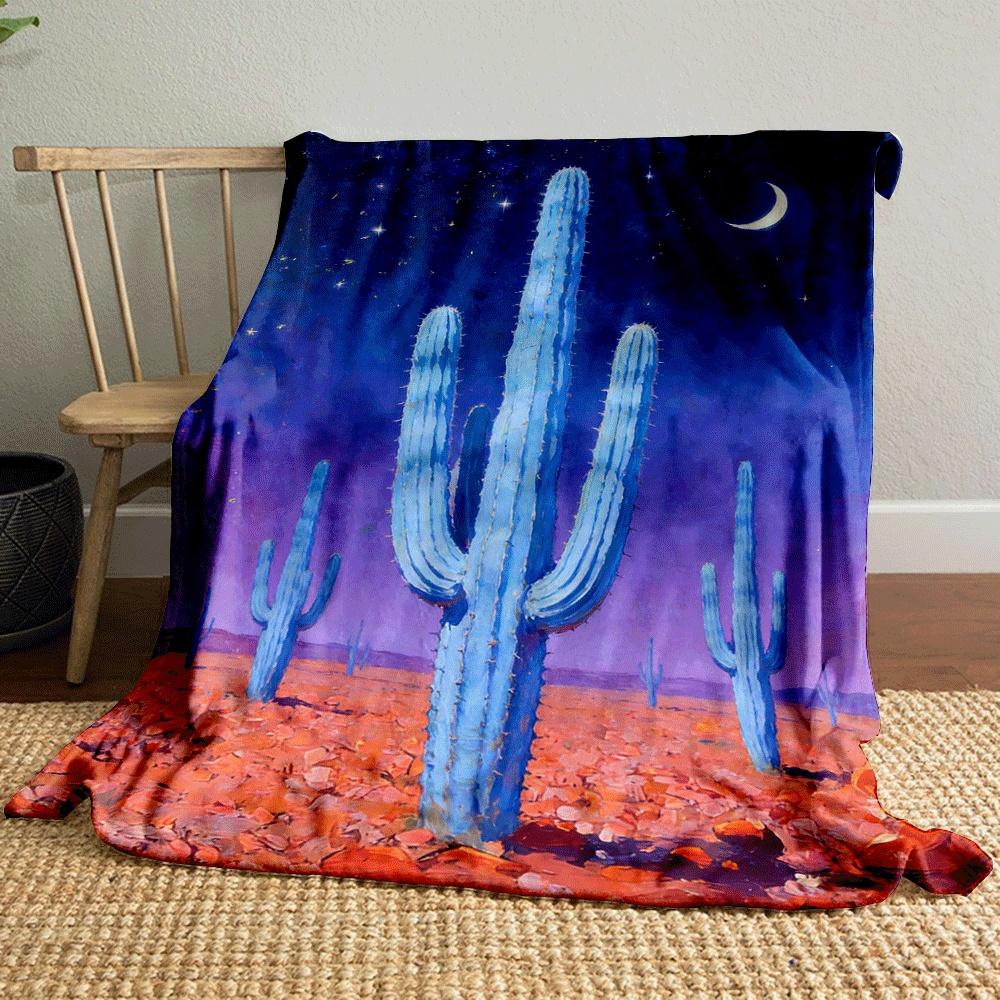 Tall blue cacti in a desert under a starry sky with a crescent moon. for all seasons blanket lunch break throw gift