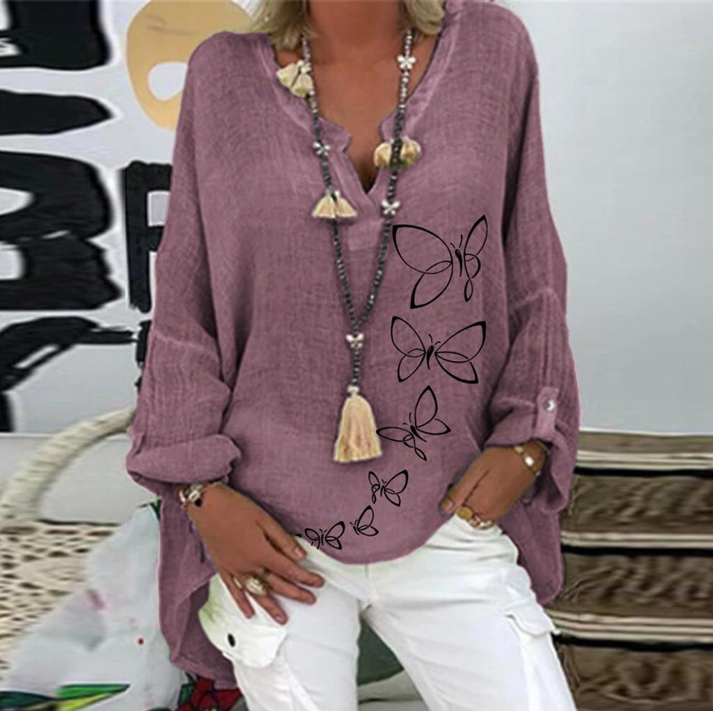 Plus Size Women Casual Long Sleeve Floral Print Loose V-neck Shirt Blouse Top