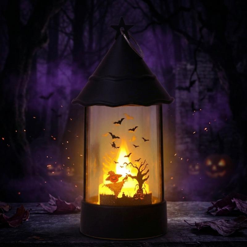 Halloween Led Candle Lantern Pumpkin Ghost Castle Pattern Portable Hanging Wind Lamp Holiday Party Tabletop Decor Props Gift