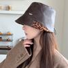 British Style Retro PU Leather Hat Women's Leopard Print Splicing Bucket Hat Wide Brim Showing Face Small Autumn Bucket Hat