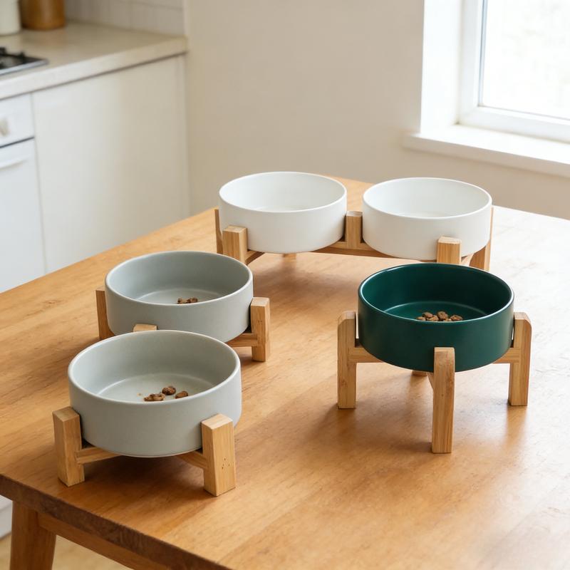 Raised Pet Bowl Bamboo Stand Neck Protective Non-Spill Non-Slip Food Water Feeder for Cats Dogs Pet Supplies