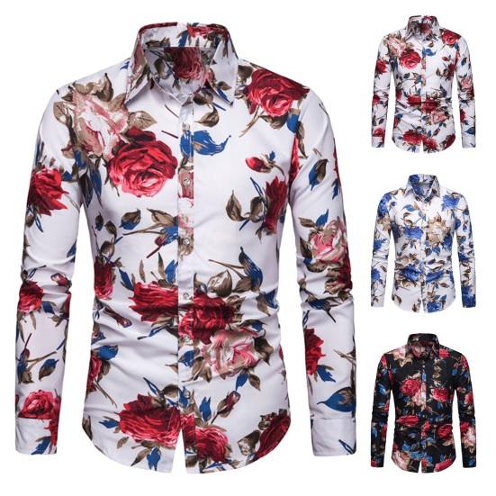 Men Spring Summer Shirt Turn-down Collar Single-breasted Slim Fit Long Sleeve Buttons Soft Breathable Vivid Flower Print Mid Length Men Top