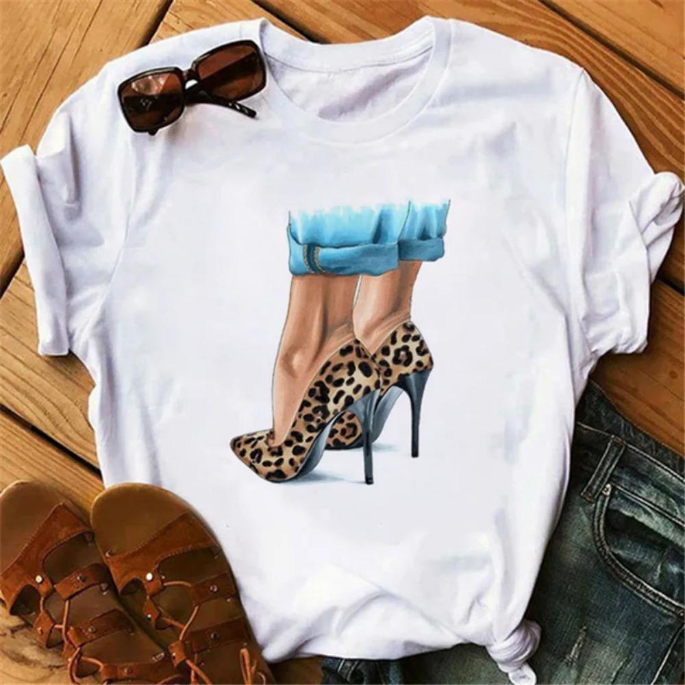New Fashion High Heels Personalized Printed Women's Summer Short Sleeve T-shirt Casual Tops Oversized T Shirt Harajuku Tee