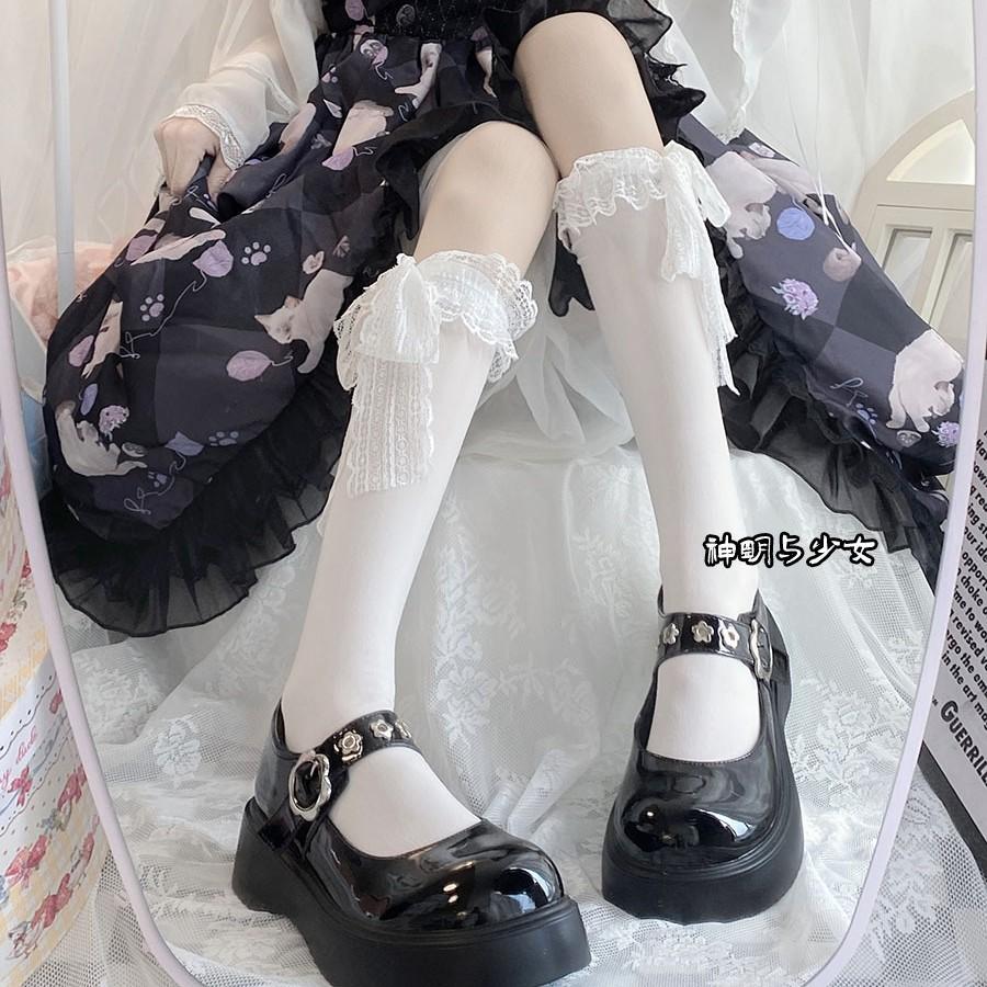 Lolita Spring And Summer Thin Lace Bow Calf Socks Japanese Girls White Lace-Up Lace Slim Mid-Tube Socks