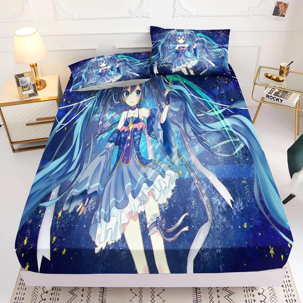 Простыня на резинке с принтом Hatsune Miku Comforte Покрывало для кровати Полный комплект 3D Детское постельное белье Аниме Декор комнаты Дом