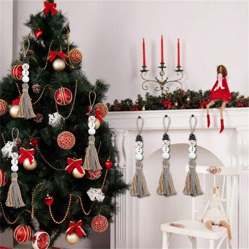 50 Pcs Christmas Snowman Wooden Beads Homemade Craft Kit, Festive Decoration Set with Jute Rope, Perfect for Holiday Parties & Gifts