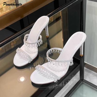 Мода Мода Кристальная подвеска Кисточка Женские тапочки Сандалии Элегантные Шпильки Высокие каблуки Мюли Слайды Женская Летняя Вечеринка Выпускной Бал Обувь