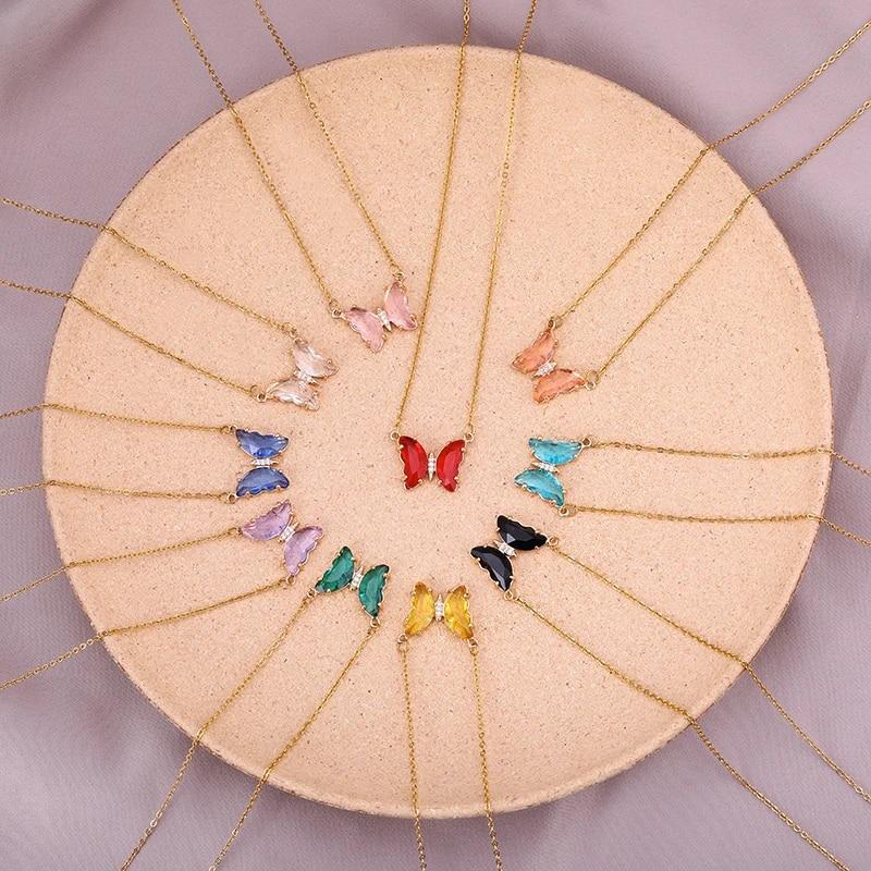 Ожерелья-колье из нержавеющей стали с бабочкой, женское 10 стилей, красочные прозрачные хрустальные подвески в виде бабочки, цепочка на ключицы, ювелирные изделия