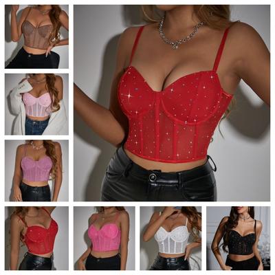 Crystal Sexy Tank Top Hollow Out Women Short T-shirt Vintage Mesh Crop Top Streetwear