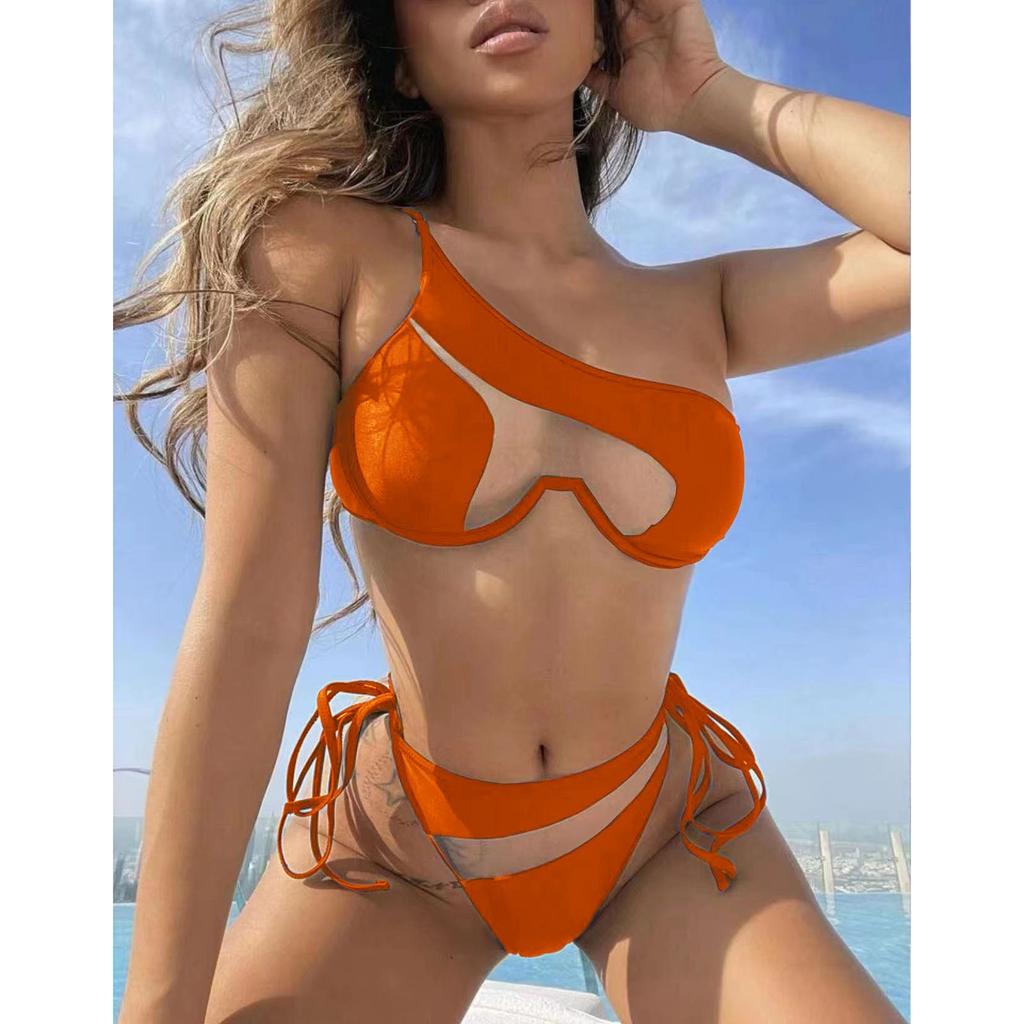 Женский модный однотонный пляжный купальник с разрезом в сетку (2 комплекта с накладками на грудь без стального бюстгальтера)