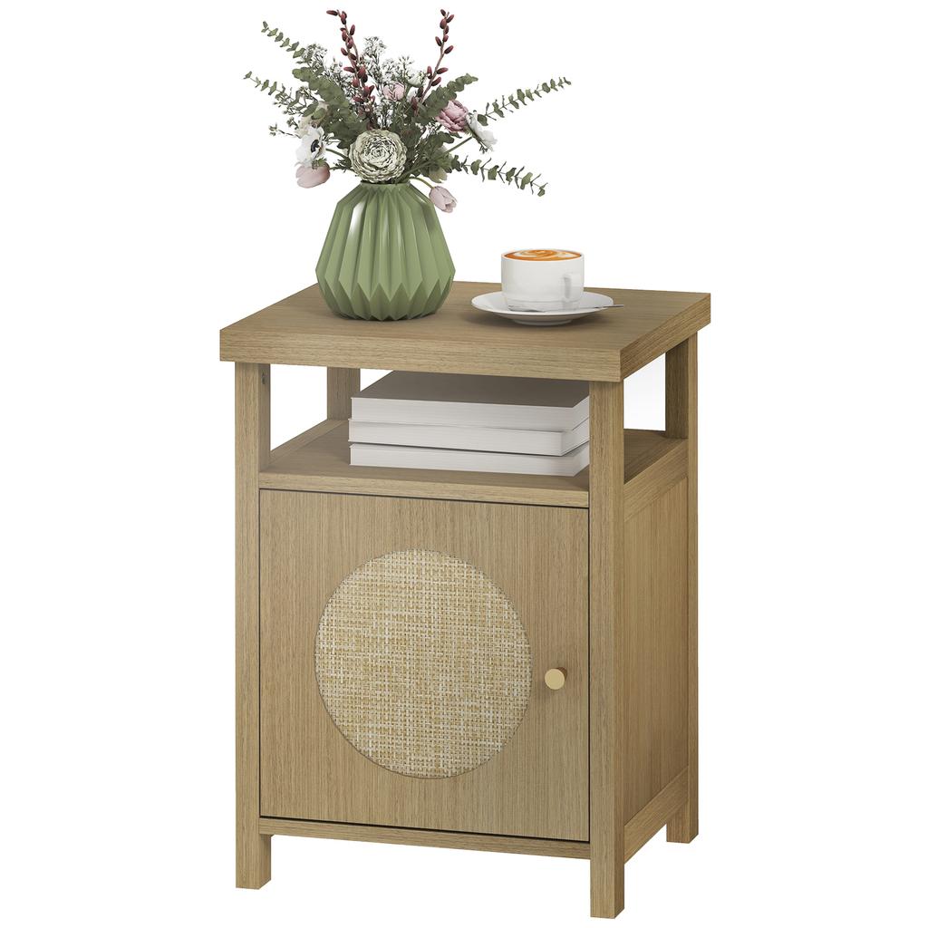 Nightstand, Rattan Door, Open Shelf and Compartment, 40x35x55 cm, Natural Wood