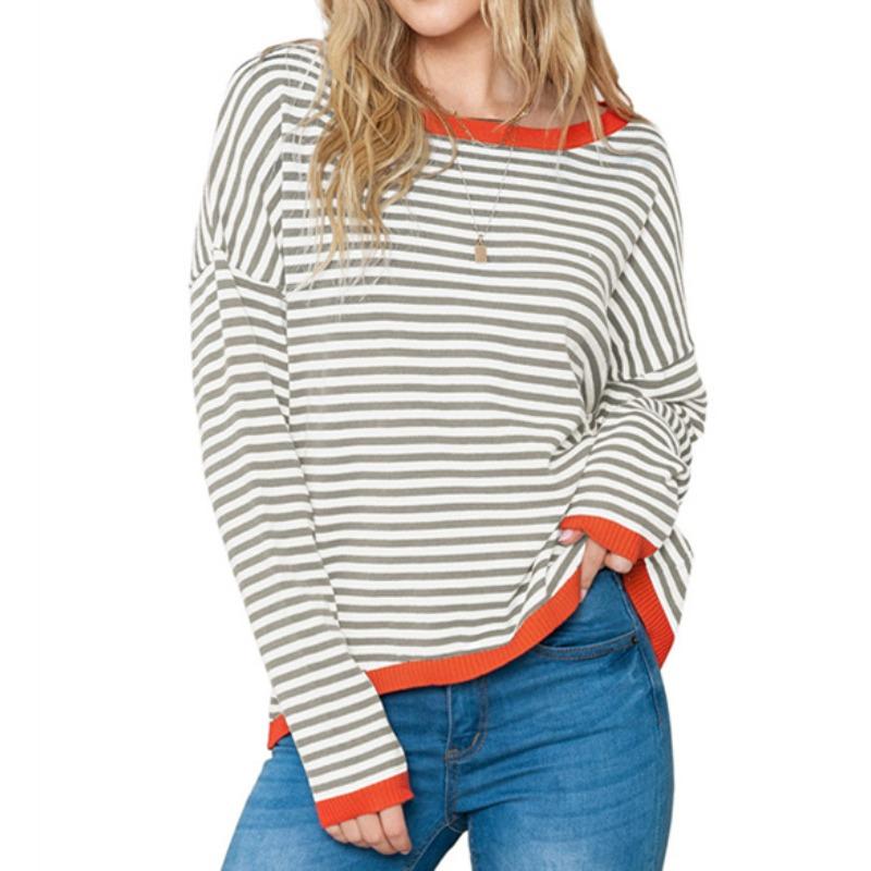 JKASHDK Женские модные повседневные пуловеры с круглым вырезом и длинными рукавами, весна-осень с полосатым принтом