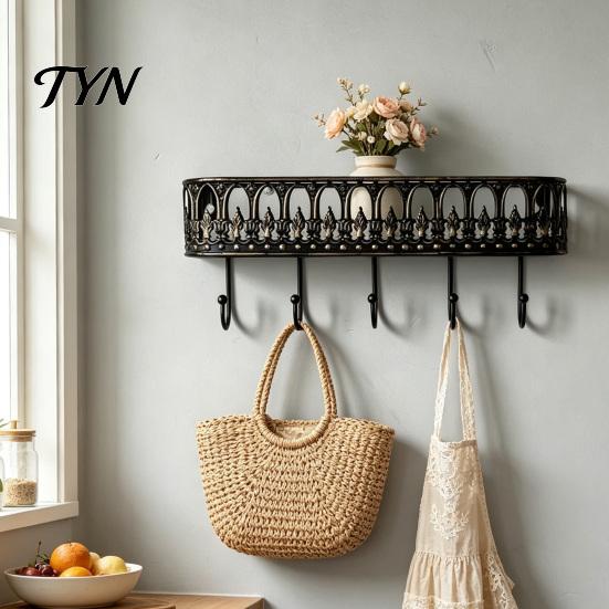 Space Saving Entryway Hooks Wall Mounted Floating Shelves, Metal Shelf with 5 Hooks, Key Holder Organizer for Bags And Hats Mail Organizer,