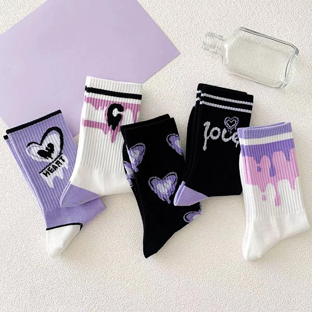 Женские белые носки, милые хлопковые носки с сердечками, Kawaii, консервативный корейский стиль, аниме, фиолетовые женские носки, комплект из 5 пар