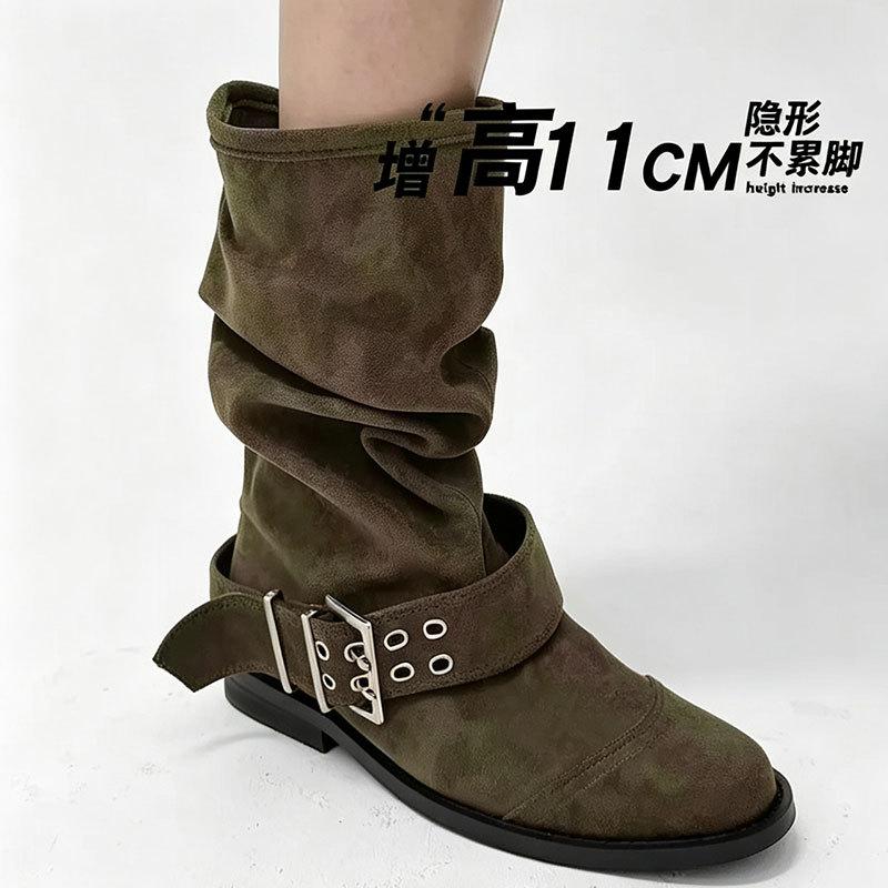 Retro inner height increase 11cm stacking boots women's autumn and winter thin trouser tube boots belt buckle Maillard short boots