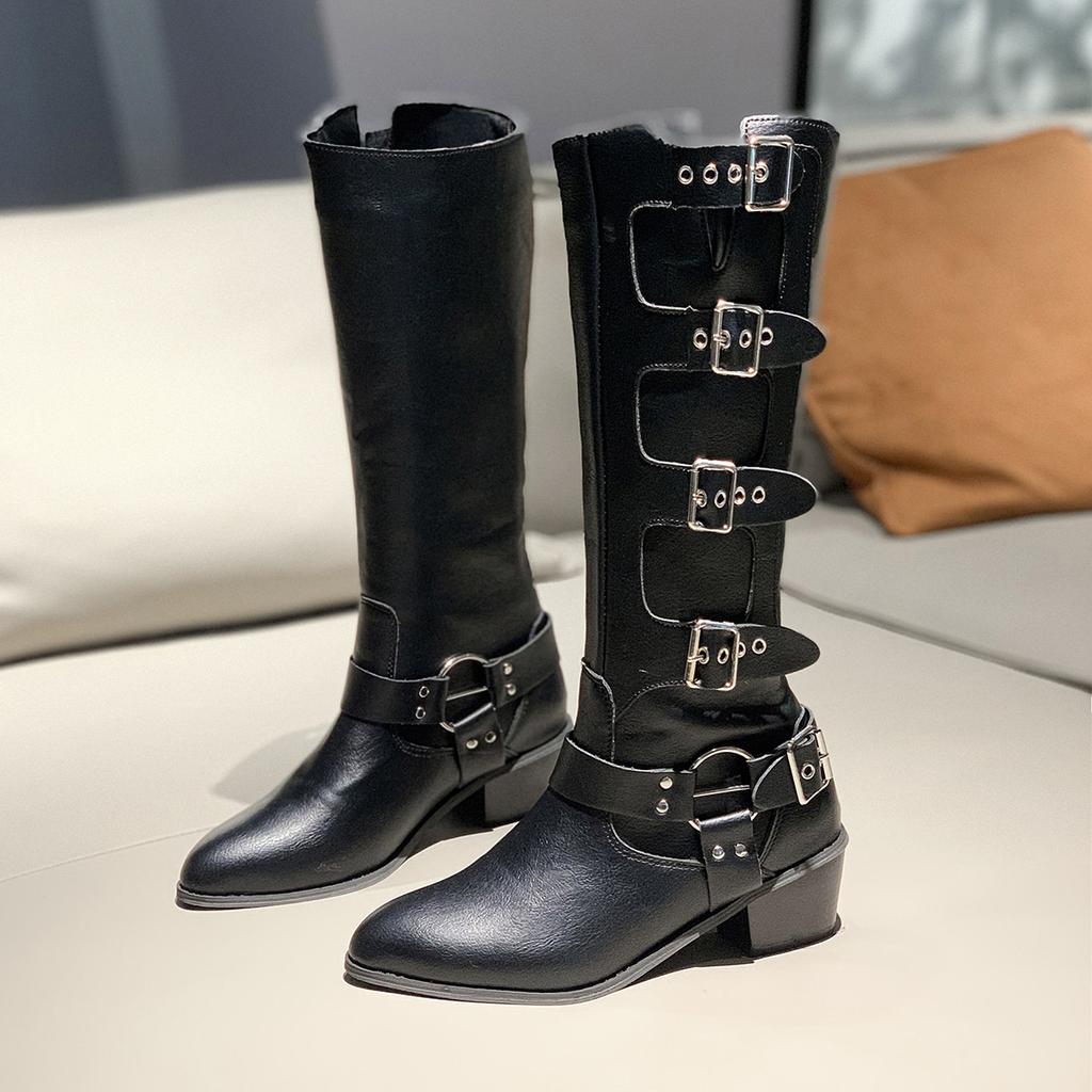 Fashion Fashion Buckle Knee High Boots for Women Winter Square Heels Western Long Boots Woman Black Pu Leather Punk Gothic Booties