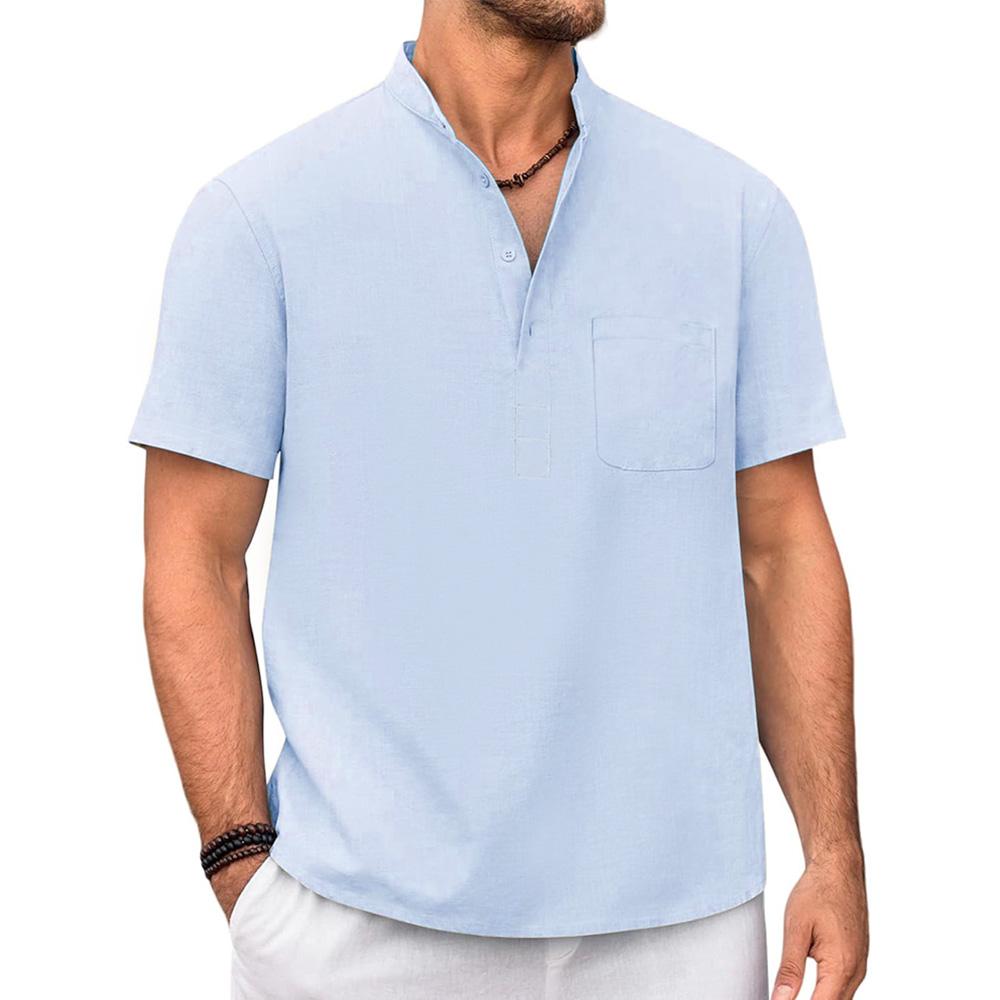 Мужская футболка из хлопка и льна, хенли, повседневная, однотонная, с коротким рукавом, легкая, дышащая, для отпуска, пляжного стиля