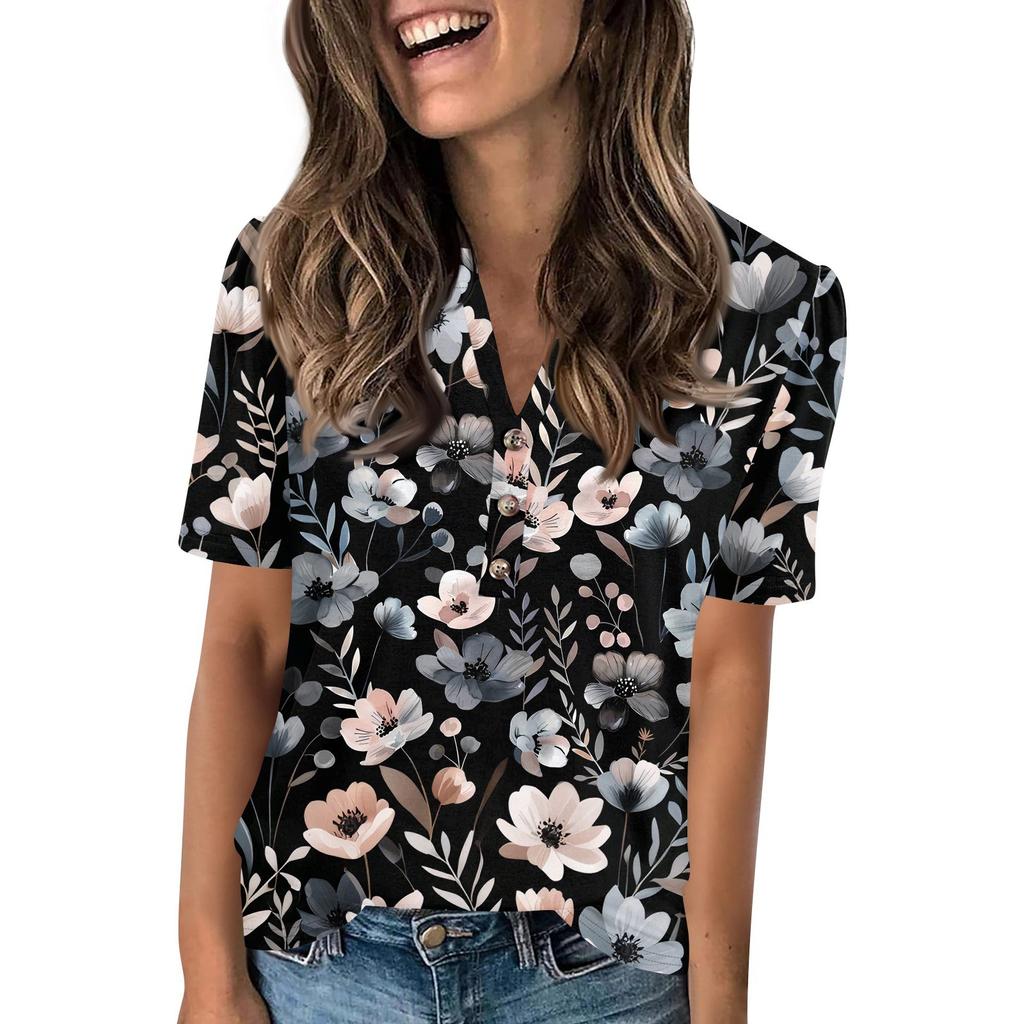 Женский модный повседневный свитер с коротким рукавом и принтом на пуговицах и V-образным вырезом