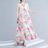 Real Summer New Literary Loose Cotton and Linen Printing Round Neck Sleeveless Dress Women's Medium and Long