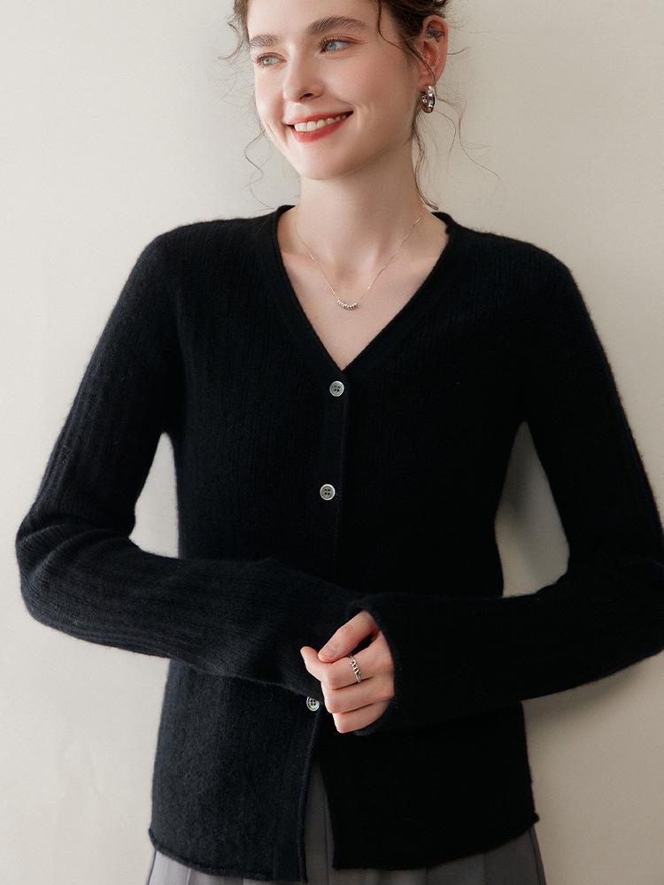Women's Ribbed V-Neck Cashmere Cardigan - Long Sleeve, Loose Fit, Casual Base Layer Sweater.