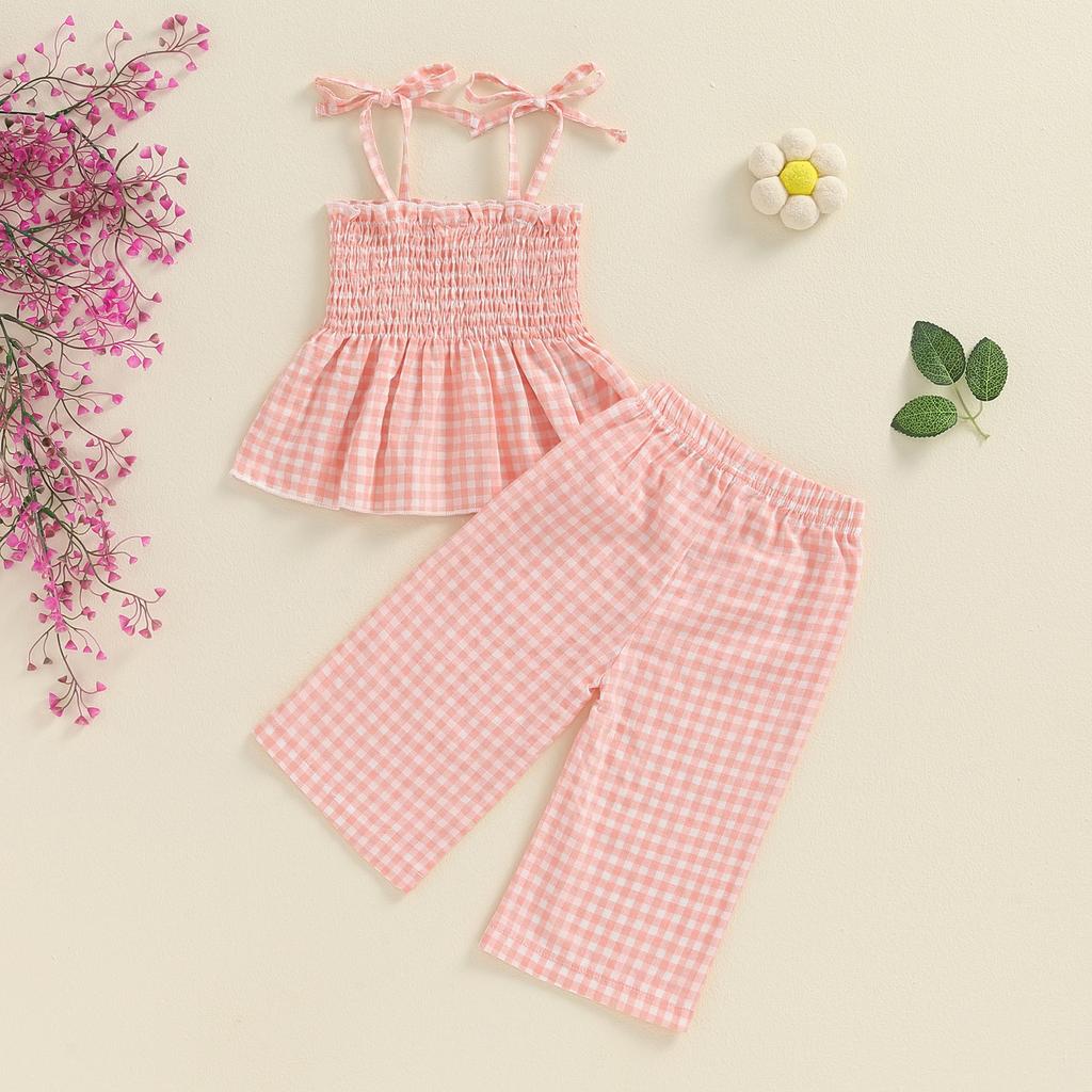 Toddler Girl Summer Outfit Plaid Tie-Up Spaghetti Strap Ruched Sleeveless Tank Tops and Loose Pants 2Pcs Clothes Set