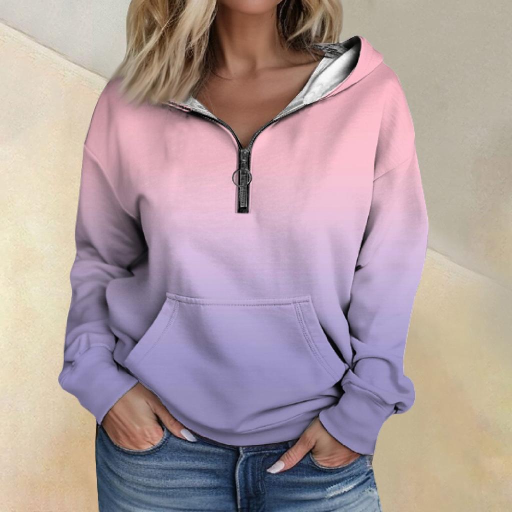 Women's Fashion Gradient Long Sleeved Loose Half Zippered Hoodie With Pockets