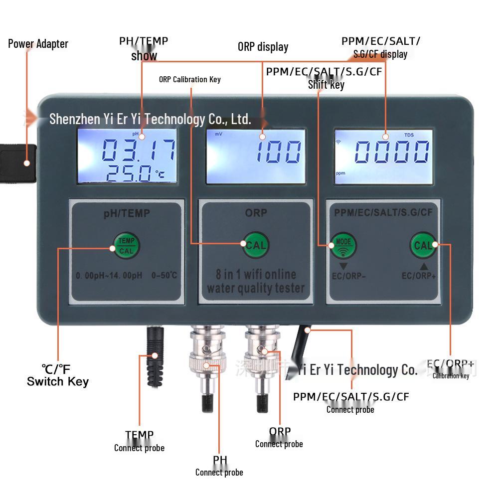WiFi Mobile App 8-in-1 Water Quality Tester: PH, ORP, EC, Salinity - Fish Tank Online Detector