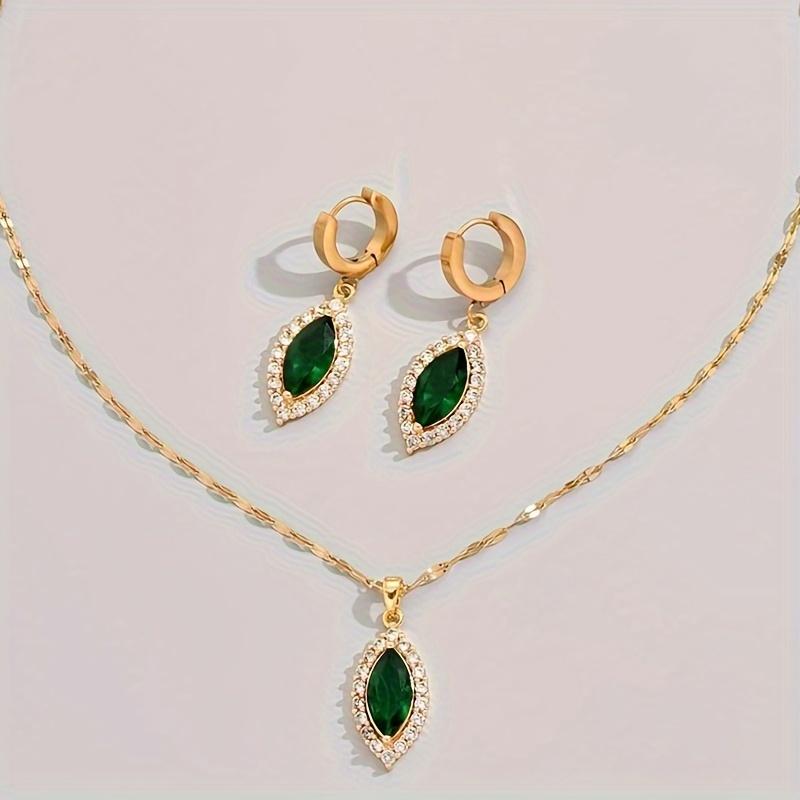 3PCS A set of gold-plated stainless steel cubic zirconia and emerald leaf pendant necklace and earrings combination jewelry set for women, suitable