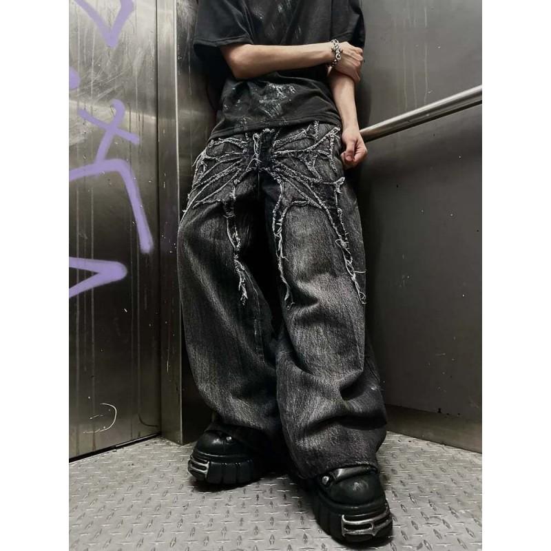 Dark Street Style Loose Fit Jeans Teen Boys Straight Leg Long Pants Casual Daily Wear