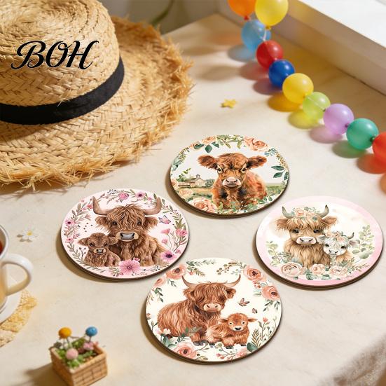 Vintage Flower Print Cup Holders Highland Cow Cork Coasters, Cute Floral Farmhouse Drink Mats with Protective Furniture for Office Non-Slip Base, Heat