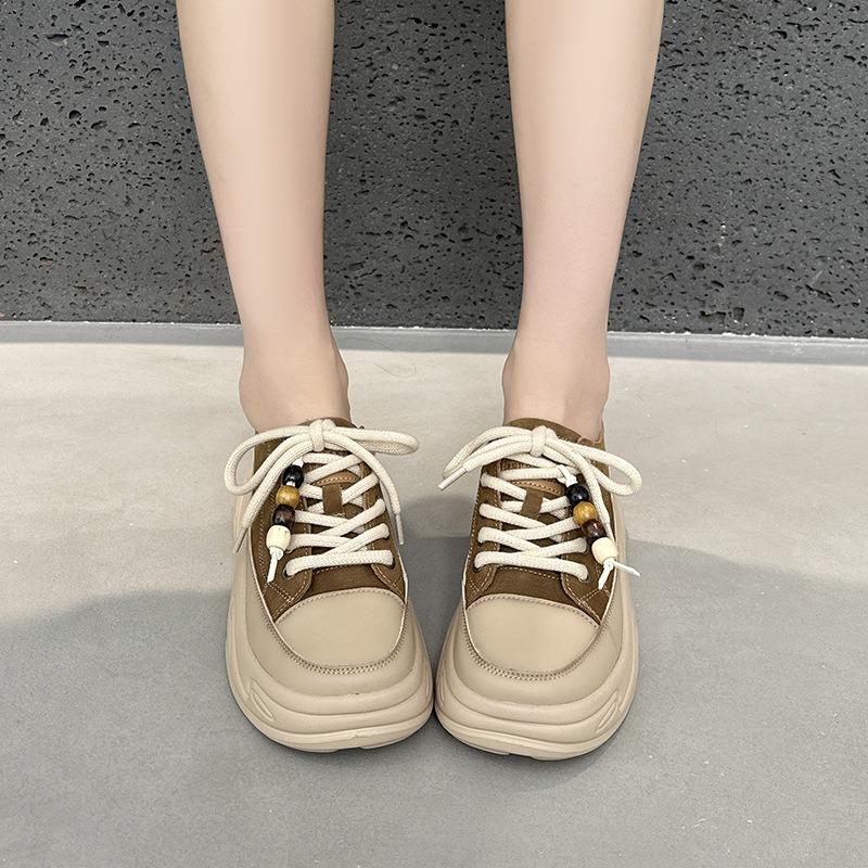 Губчатый торт толстая подошва первый слой коровья кожа повседневная обувь женская весна и осень нескользящая дышащая универсальная ретро спортивная обувь на платформе женская
