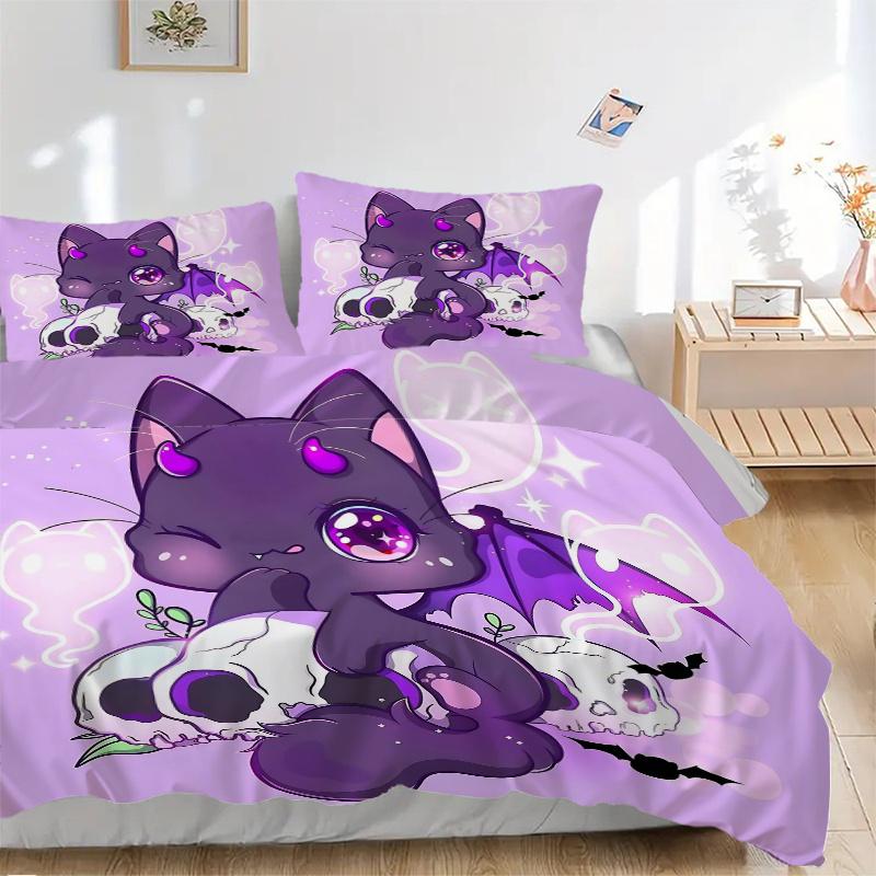 3pcs Kitten & Skeleton Bedding Set - 1 Soft Quilt Cover + 2 Pillowcases, Machine Washable - Suitable for All Seasons, Perfect Gift for Famil