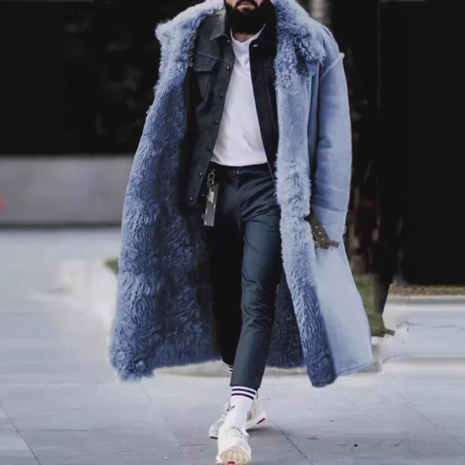 Мужское толстое зимнее замшевое длинное пальто