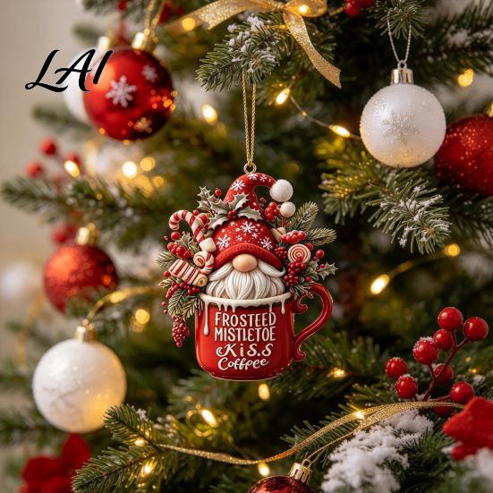 Unique Christmas Holiday Ornaments Gnome Ornament 2D Acrylic Santa Hanging Decoration with Candy Indoor Home Cane Gift Box for Xmas Tree Window Decor