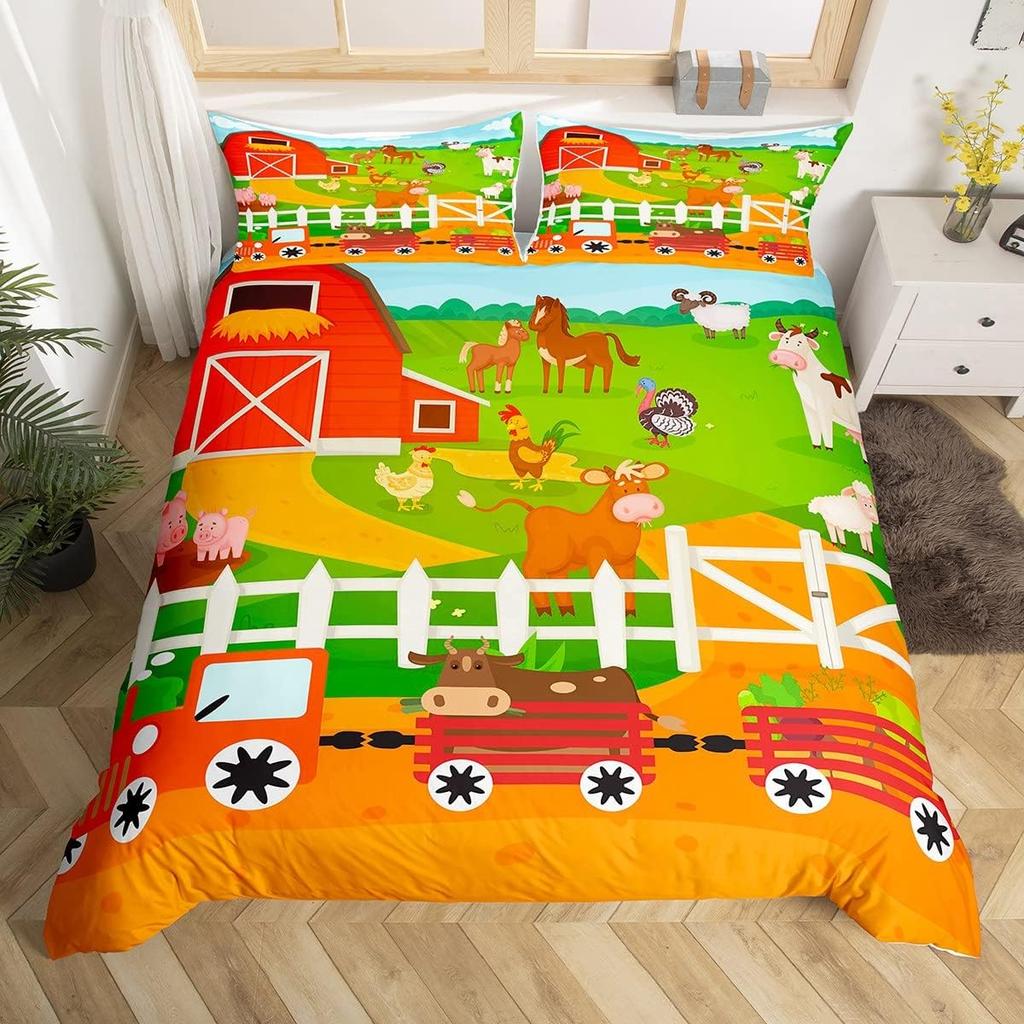 Cartoon Animal Duvet Cover Set, Farm Animal Comforter Cover, Rustic Farmhouse Bedding Set Twin Queen For Kids Boys Girls Adults