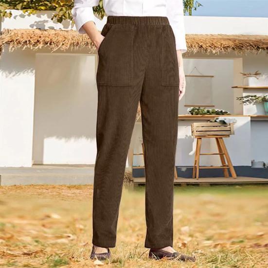 Corduroy Casual Pants Elastic Waist Women Long Pants with Pockets Solid Color Straight