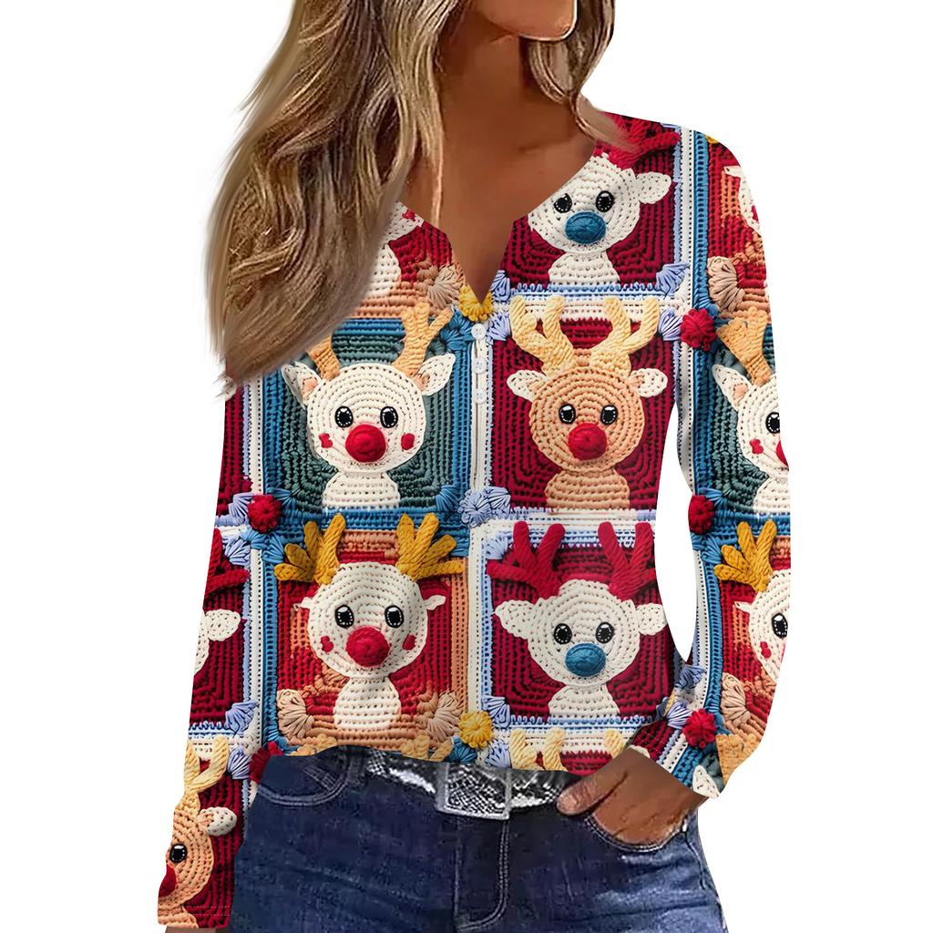 Женская модная повседневная футболка с V-образным вырезом, на пуговицах, с длинным рукавом, с рождественским принтом