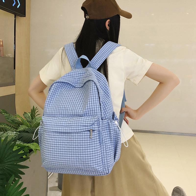 Cotton School Bag With Waterproof Feature And Grid Pattern For Teens And Adults
