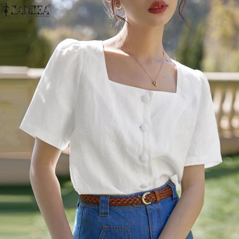 ZANZEA Женская повседневная летняя блузка с квадратным воротником и коротким рукавом