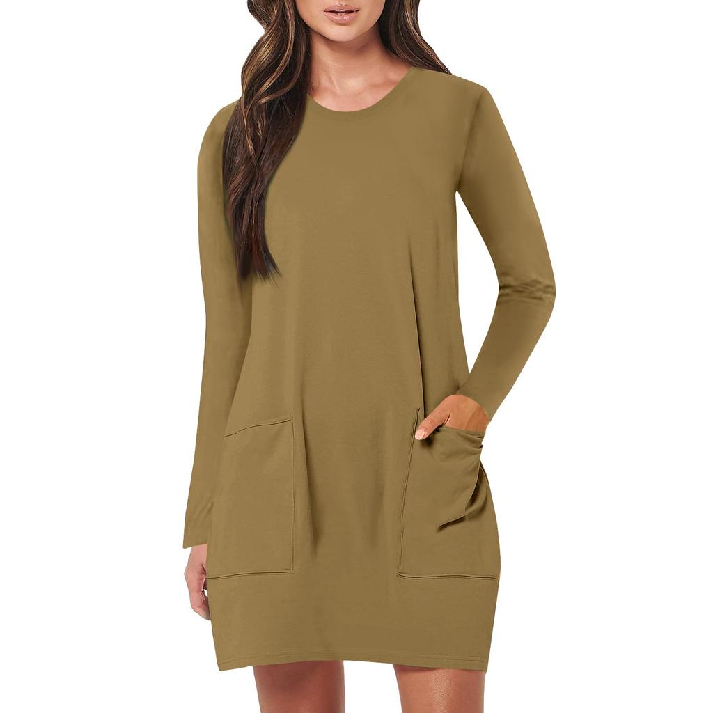 Женские модные платья с круглым вырезом и карманами средней длины для пляжного отдыха с длинным рукавом