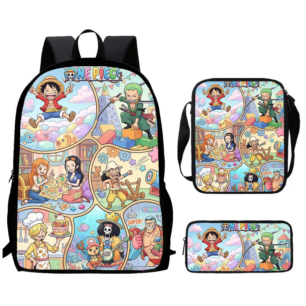 Мультяшный рюкзак One Piece, 3 предмета, легкий, прочный, школьный, с сумкой через плечо и пеналом, для мальчиков и девочек, возраст 6-10 лет, начальная школа