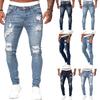 Men Jeans Solid Color Ripped Holes Frayed Gradient Washed Trousers